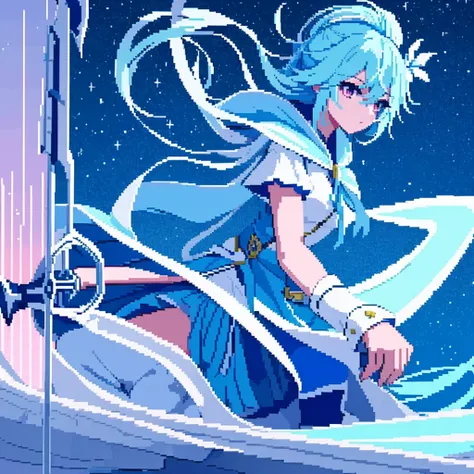 pixel art, full body, facing left (important), bright blue and white, holding a large scythe, magical girl, long ponytail, ribbon, loose clothing, cloak. Hair color: soft, pale blue hair. Eye color: pink eyes. Clothes: Clothes based on white and blue. She ...