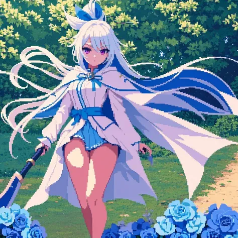 pixel art, full body, facing left (important), bright blue and white, holding a large scythe, magical girl, long ponytail, ribbon, loose clothing, cloak. Hair color: soft, pale blue hair. Eye color: pink eyes. Clothes: Clothes based on white and blue. She ...