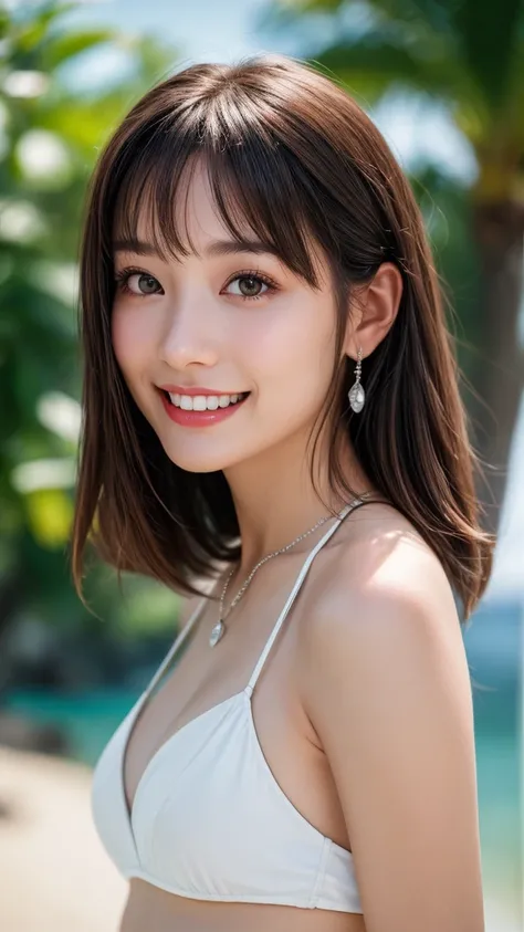 (highest quality、8K、32k、masterpiece)、(RAW Photos)、(Realistic)、(High resolution)、Very detailed、Very beautiful face and eyes、1girl,White Bikini、Simple silver necklace、Hawaii Beaches、Palm tree、blue sky、cloud、summer、(Composition from the waist up), (Shiny Hair...