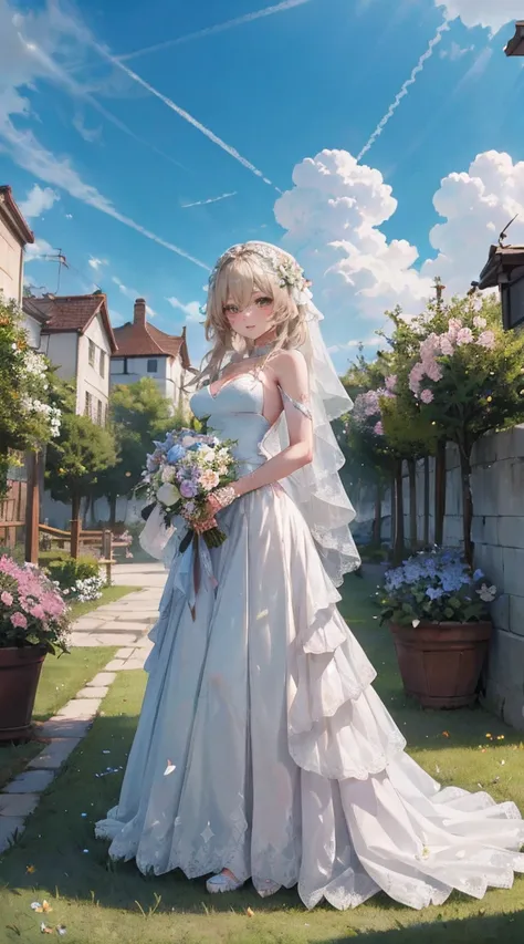 Lumine | genshin impact, master-piece, bestquality, 1girls,25 years old, proportional body, proportional., Wedding Dresses, White Wedding Dress, Long skirt, wedding, mediuml breasts, ,bara, Standing in the middle of a flower garden, outdoor, wedding, The s...