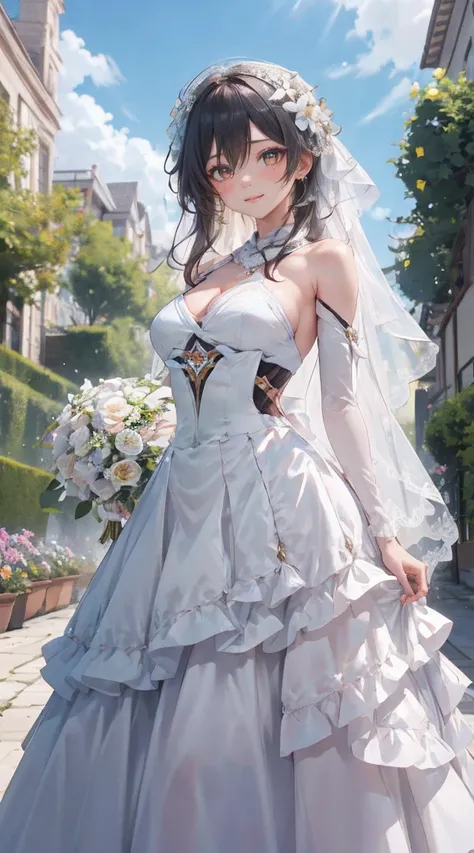 Lumine | genshin impact, master-piece, bestquality, 1girls,25 years old, proportional body, proportional., Wedding Dresses, White Wedding Dress, Long skirt, wedding, mediuml breasts, ,bara, Standing in the middle of a flower garden, outdoor, wedding, The s...