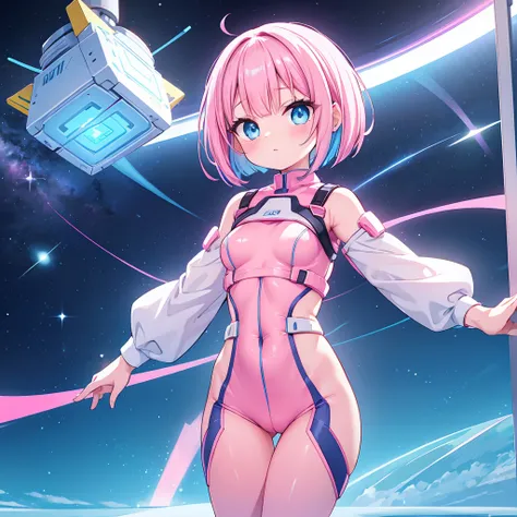 An android woman, small breasts, cute face, blue-pink hair and pink-blue eyes, bob cut hair, full body, thin waist, pink-light blue pants, wearing a pink-light blue shirt, blue shoes, perfect thighs, sfw, on a space station, sfw, space themed, android.