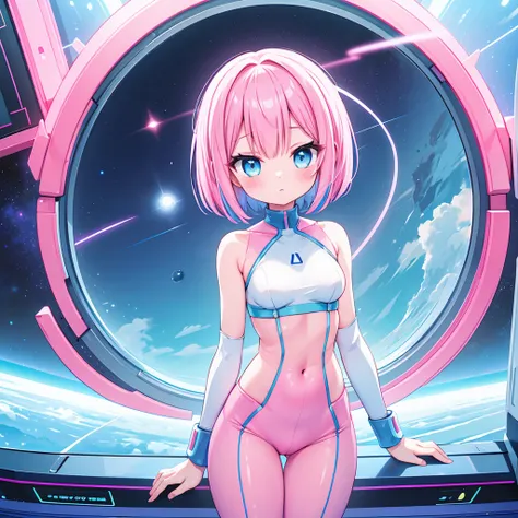 An android woman, small breasts, cute face, blue-pink hair and pink-blue eyes, bob cut hair, full body, thin waist, pink-light blue pants, wearing a pink-light blue shirt, blue shoes, perfect thighs, sfw, on a space station, sfw, space themed, android.