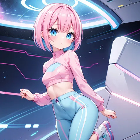 An android woman, small breasts, cute face, blue-pink hair and pink-blue eyes, bob cut hair, full body, thin waist, pink-light blue pants, wearing a pink-light blue shirt, blue shoes, perfect thighs, sfw, on a space station, sfw, space themed, android.