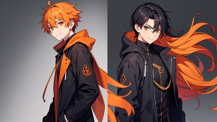 Black hair color　Orange hair color　Eyes are orange　Handsome　male　male性　cool　Black coat　Looking forward　The background is a simple color　 1 person smiling　whole body