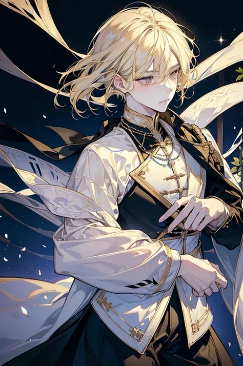 1boy, adult, solo, (((pearly blonde pearl hair))), long disheveled hair, (eyes is completely black, the white of the eye is black), pale skin, thorny vines entwine the hair, gentle delicate facial features, aristocrats clothes, black cloak covers his head