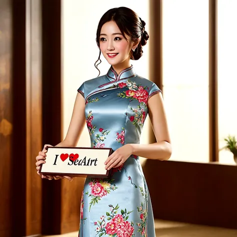 a beautiful detailed asian girl in a cheongsam dress, intricate floral patterns, elegant pose, holding a board on which "i love ...