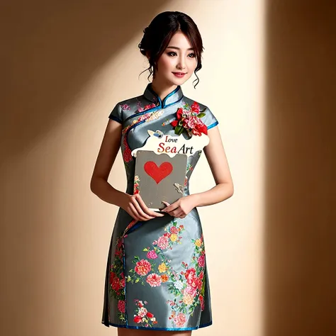 a beautiful detailed asian girl in a cheongsam dress, intricate floral patterns, elegant pose, holding a board on which "i love ...