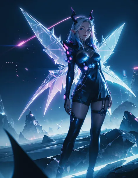 A futuristic cyberpunk girl with mechanical wings and devil horns, dressed in a black evening dress. She has blue hair with neon streaks, and she poses against the backdrop of a bright city. In the background is a simple urban landscape, flooded with neon ...