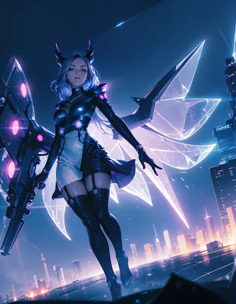 A futuristic cyberpunk girl with mechanical wings and devil horns, dressed in a black evening dress. She has blue hair with neon streaks, and she poses against the backdrop of a bright city. In the background is a simple urban landscape, flooded with neon ...