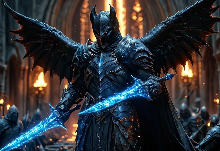 Close-up photos, Lighting epic shot action pose composition [professional::1][complex:1][Fantasy Art:1}- The Dark Knight known as the First Knight of Mordor, Devil Wings, Armed with two swords, Blue flashing sword, Detailed grim female warrior face, Lord o...