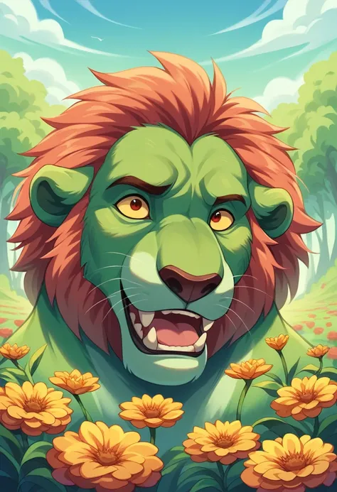 A highly detailed and intricate cartoon-style image of JUBA the brave and protective lion, in a Pixar-like environment. The scene shows JUBA exploring a vibrant forest, with exaggerated expressions and dynamic poses. The background features a lush, colorfu...