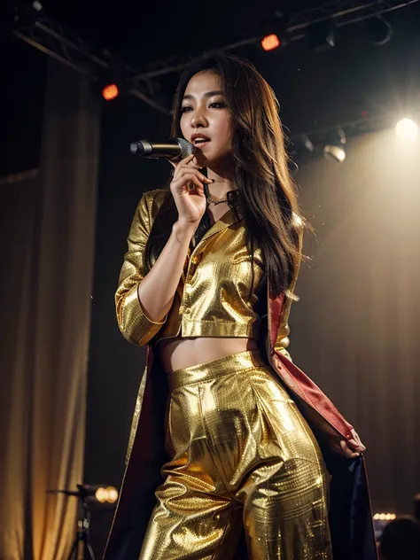 The most realistic pictures, the best, beautiful Asian female singers.  Wear a gold suit as a cloak.  With a white collar shirt inside.    Hold the microphone and sing       Night atmosphere with multi-colored lights, lights from the stage shining brightly...