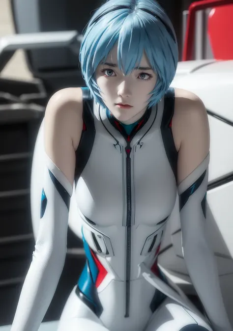 teenage girl, rei ayanami, (ayanami rei:1.2), blue hair, short hair, (red eyes:1.3),bodysuits, headgear, plug suit, white bodysu...