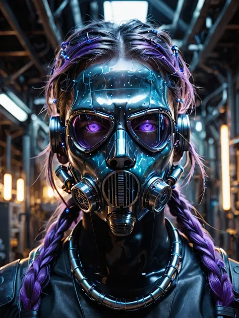 A high-resolution image of a man transformed into a cyborg, featuring a full head gas mask. The mask is complex, adorned with wires, fuses, and transparent blue liquid pipes running through it. His eyes emit a vivid purple glow, shining through the mask’s ...