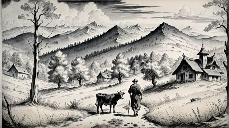 shepherd with a cow, forest and mountains in the background, black ink