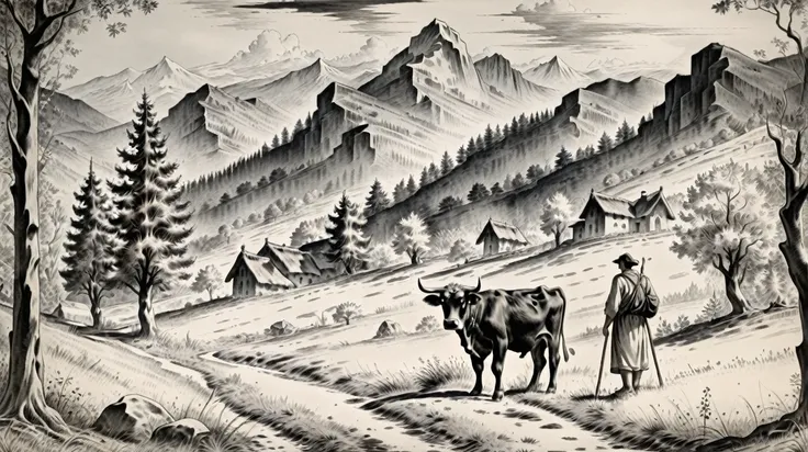 shepherd with a cow, forest and mountains in the background, black ink