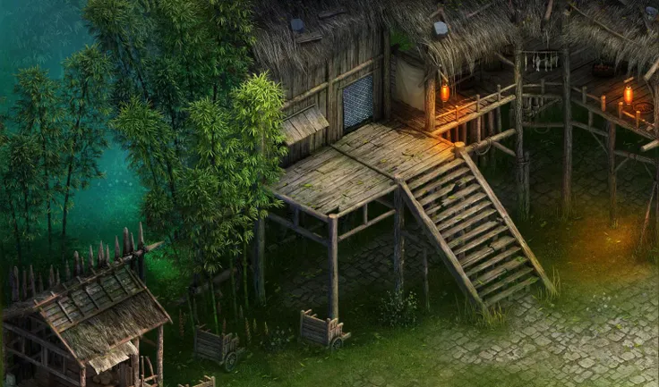 Close-up of a small village with many trees, China Village, Isometric Game Art, Role Playing Game Scene, 2D Game Environment Design, Detailed game art, Isometric 2D Game Art, Korean multiplayer online games, screenshot, Game CG, Game image, Isometric game ...