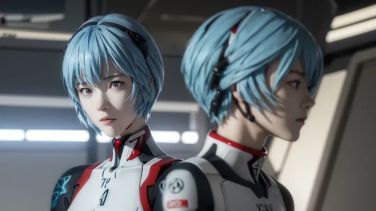 Teenage Girl, Rei Ayanami, (Ayanami Rei:1.2), Blue Hair, short hair, (Red eyes:1.3),Bodysuits, headgear, Plug Suit, white Bodysuits, Realistic, 4K, photoRealistic, Highest quality, Research Room, Dramatic Light, Aloe Clapart-1000, Ray Tracing,Detail Shadow...