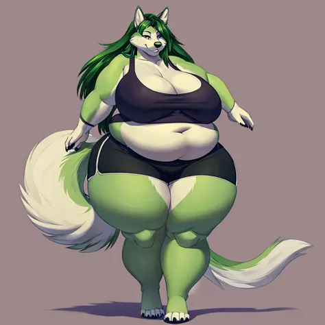 Malamute, female, long hair, gorgeous, beautiful, eyelashes, voluptuous, plump, belly rolls, fat arms, fat legs, ,tank top, shorts ,huge saggy breasts ,fringe on eye,heavy top, huge hips huge thighs heavy bottom ,sports bra,sports shorts, simple background...