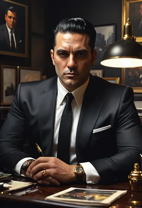 Portrait Painting Beautiful Matte Black Oil Man 35 Years Old, Mafia boss at his 50s office desk in New York, Wonderful highly detailed masterpiece, beautiful cinematic light deep focus, chic, digitalpainting, smooth ass, sharp focus, golden ratio, dramatic...