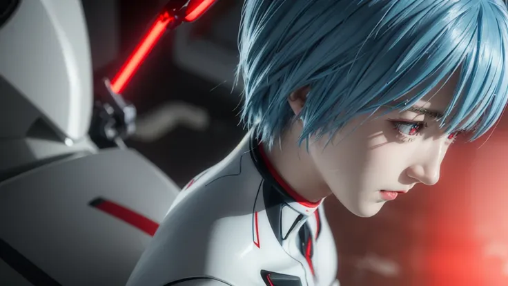 Teenage Girl, Rei Ayanami, (Ayanami Rei:1.2), Blue Hair, short hair, (Red eyes:1.3),Bodysuits, headgear, Plug Suit, white Bodysuits, Realistic, 4K, photoRealistic, Highest quality, Research Room, Dramatic Light, Aloe Clapart-1000, Ray Tracing,Detail Shadow...