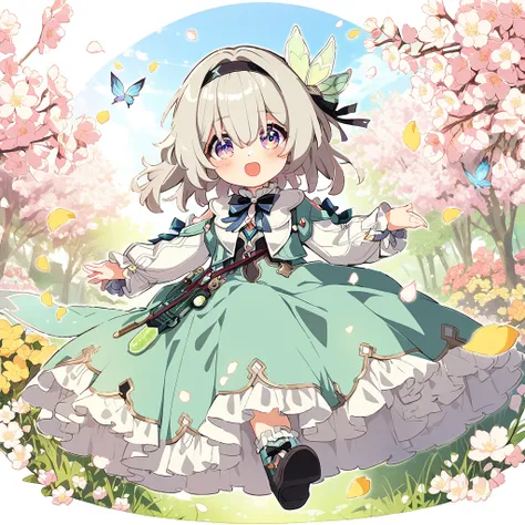 firefly (honkai: star rail)，Cute anime girl,Big bright eyes,blush,Playful expression,Light hair,Two steamed buns,Pink bow,Cute clothes,Ruffle dress,Big puff sleeves,Fancy Ribbon,Ponytail,Striped socks,Lace-up boots,In the blooming garden,Bright flowers in ...