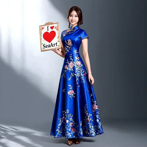 a beautiful detailed  girl in a beautiful blue cheongsam dress, intricate floral patterns, elegant pose, holding a board on whic...