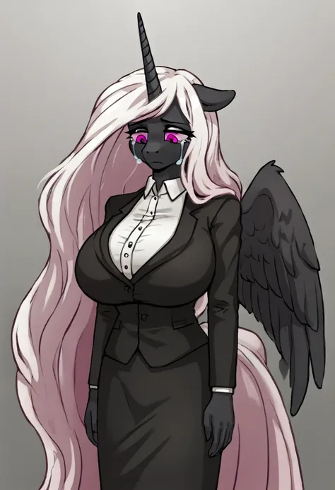  Alicorn princess   , white mane, ,black fur   color  long flowing  mane pink  eyes anthro huge breasts  black skirt suit sad crying ,looking down rubbing shoulder