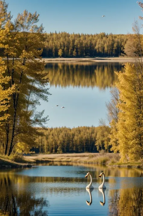 landscape. clear day, Sun. lake, 2 swans swim near the shore. Birches, Reed, Sand beach. 