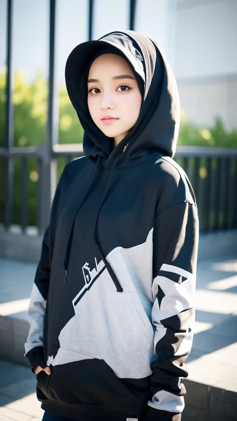 masterpiece, best quality, highres, extremely detailed 8K wallpaper, 1girl, hijab, hoodie, upper body, simple background