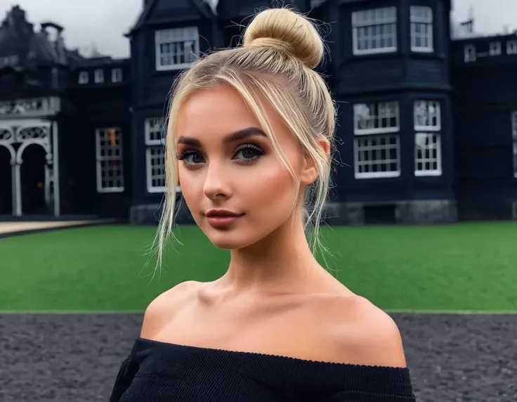 an eye contact of a blond with bun hair and dark theme , cute pose , background big house clear show 