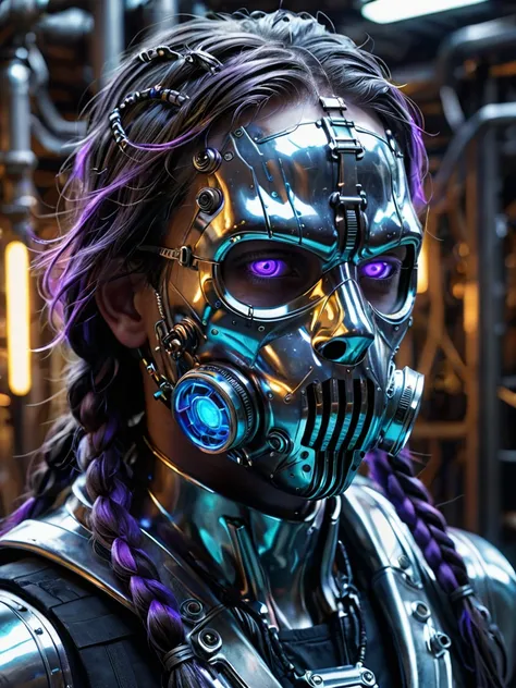 A high-resolution image of a man transformed into a cyborg, featuring a full head gas mask. His skin is complex, adorned with wires, fuses, and transparent blue liquid pipes running through it. His eyes emit a vivid purple glow, shining through the mask’s ...