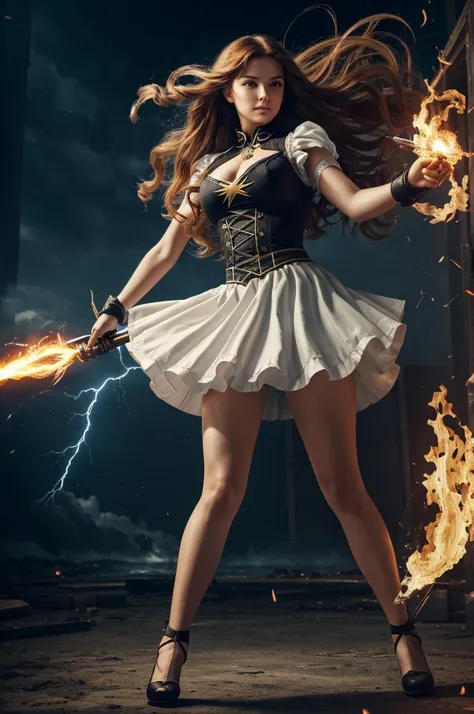 On the battlefield of the storm with a pentagram on the floor, A woman dressed in a Lolita costume wields a weapon infused with the power of the fire element.( Lightning danced beside her), Echoing the strength of her determination，Because she embodies the...