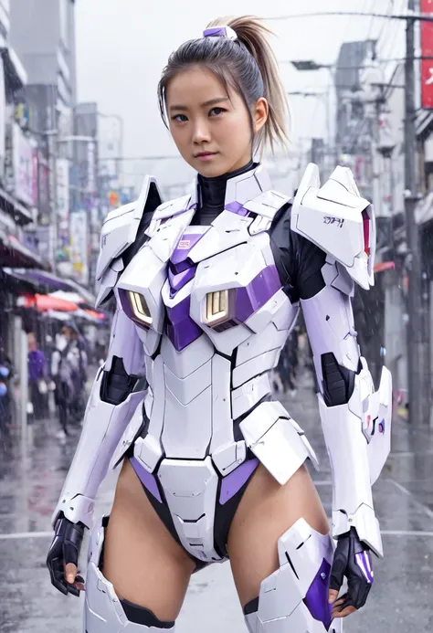 (highest quality、8K、32k、masterpiece、UHD:1.2、perfect body beauty:1.2、Wearing armor gundam a futuristic hero suit with a pale purple and white shine:1.5、rain、street、Cute 25 year old Japan woman、、ponytail、Upper body、front、simple background、looking at the view...