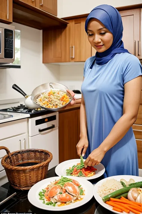 A lovely Malaysian woman (age 40, hijab, nice airy dress) is busily preparing dinner in her kitchen. She is cooking crab, rice, and vegetables