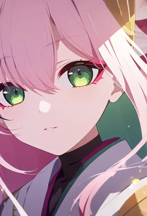 
 detailed eyes, beautiful  extremely detailed eyes and face, a  Little kitsune, pink hair, green eyes,