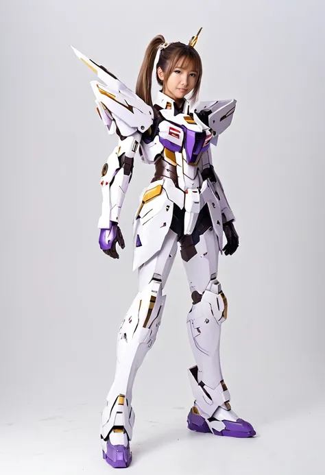 (highest quality、8K、32k、masterpiece、UHD:1.2、perfect body beauty:1.2、Wearing armor gundam a futuristic hero suit with a pale purple and white shine:1.5、rain、street、Cute 25 year old Japan woman、、ponytail、Upper body、front、simple background、looking at the view...