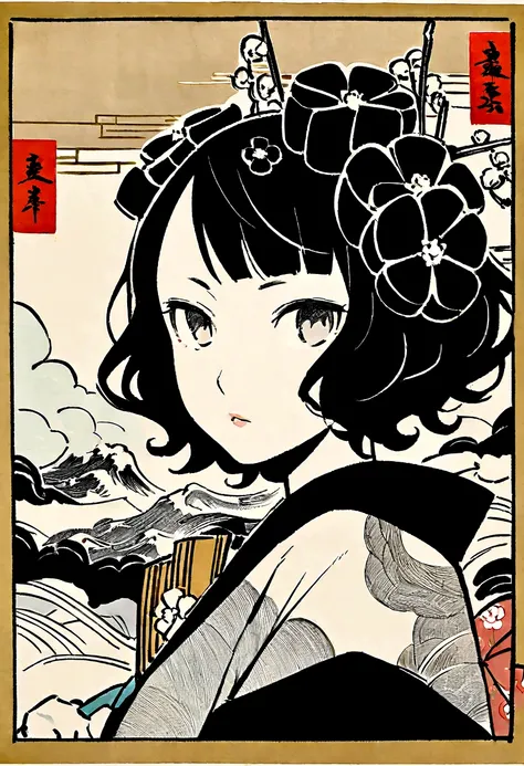 Katsushika Hokusai, ink painting, peonies, short hair, delicate and precise, thunder god, modern Ukiyo-e style,