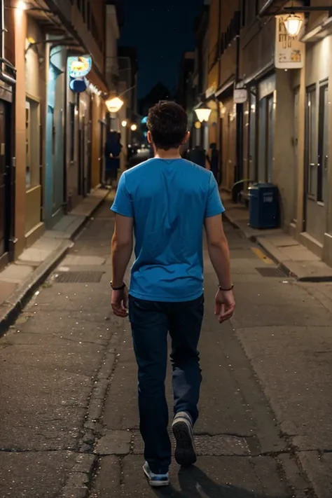 Young man, with blue shirt, walking backwards down a town street at night