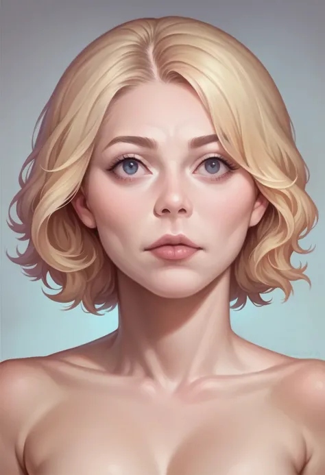 ((best quality)), ((ultra res)), ((photorealistic)), (intricate details), 19 years old, blonde hair, perfect face, make up:1.5, light on face, face detail, NAKED, short hair,