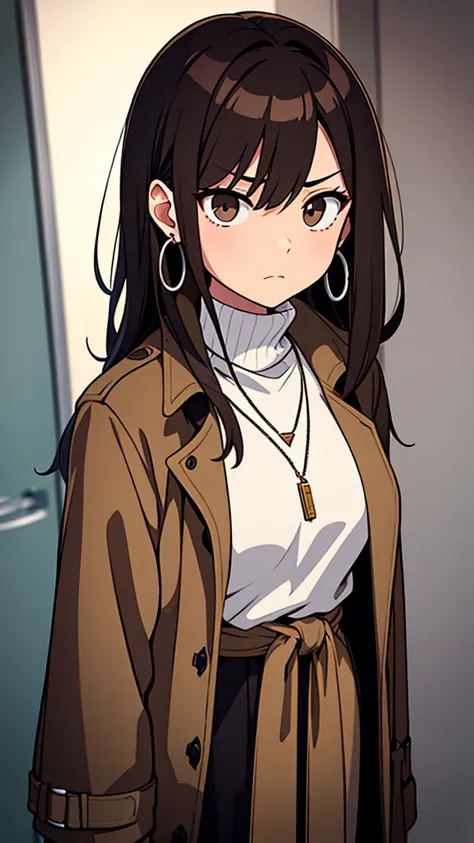 Korean adult woman, medium-length brown hair, grunge, ominous, dark aesthetic, black turtleneck, tan trench coat, silver necklaces, hoop earrings, 30-year-old, neutral expression, calm, expressionless