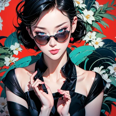 a woman in a navy blue dress standing in front of flowers, ((Art style by Patrick Nagel)), ((8k, wallpaper, detailed)), dark sunglasses, korean popstar, short black hair, pretty hands, fringe, simple red background, palm trees, (graffiti wall:1.2), strong,...