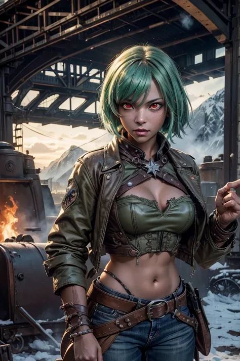 emeraldsustrai, emerald sustrai, short hair, (red eyes:1.5), (green hair), dark skin, dark-skinned female, navel, cleavage, midriff, belt, cleavage cutout, chaps, fighting pose, snow, ((broken suspension bridge, near old steam train)), post-apocalypse, dys...