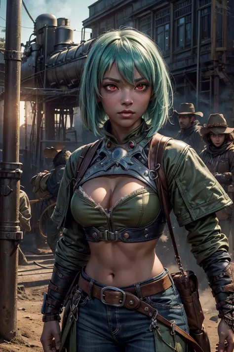 emeraldsustrai, emerald sustrai, short hair, (red eyes:1.5), (green hair), dark skin, dark-skinned female, navel, cleavage, midriff, belt, cleavage cutout, chaps, fighting pose, snow, ((broken suspension bridge, near old steam train)), post-apocalypse, dys...