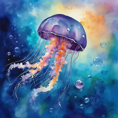 create a new oil and watercolor painting of a jellyfish in the sea. jellyfish have colors that transition from blue to purple, w...