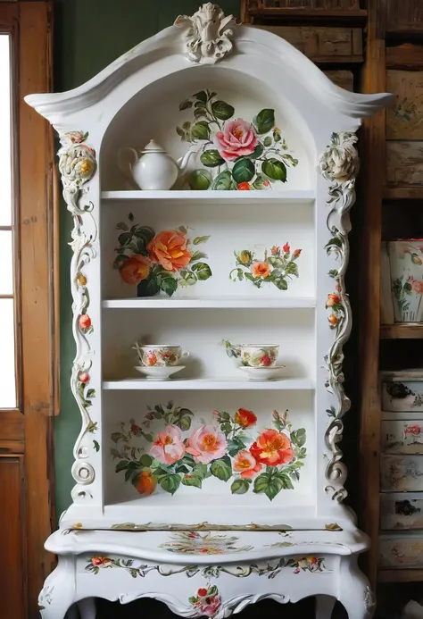 A beautiful white bookcase covered in Rosemaling designs.