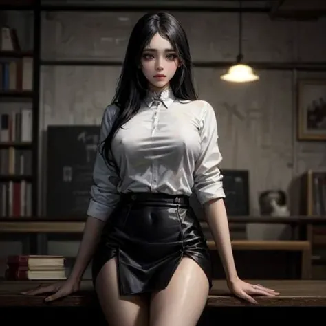 art by guweiz Bookstore Receptionist, in tight white blouse and black miniskirt,