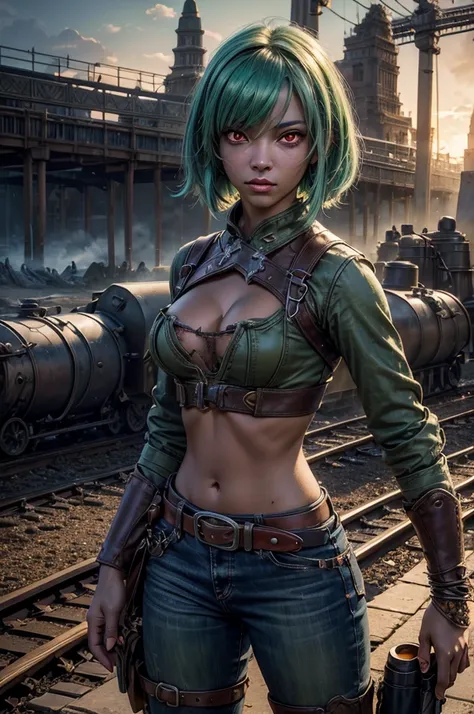 emeraldsustrai, emerald sustrai, short hair, (red eyes:1.5), (green hair), dark skin, dark-skinned female, navel, cleavage, midriff, belt, cleavage cutout, chaps, fighting pose, snow, ((broken suspension bridge, near old steam train)), post-apocalypse, dys...