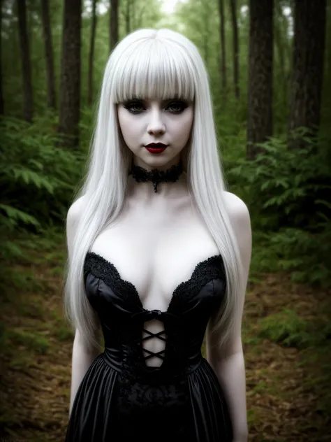 female sexy vampire|albino, pale porcelain skin, sexy vintage black dress, smile, shallow depth of field, grin|creepy, nightfall, detailed face, night, wide hips, narrow waist, portrait of woman standing, detailed eyes, portrait of woman standing, 8k RAW p...